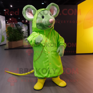 Lime Green Rat mascot costume character dressed with a Raincoat and Shoe laces