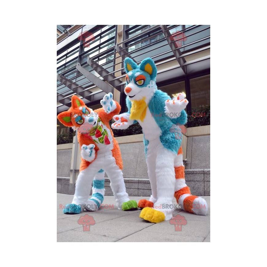Couple de mascottes de chat bleu et orange - Redbrokoly.com