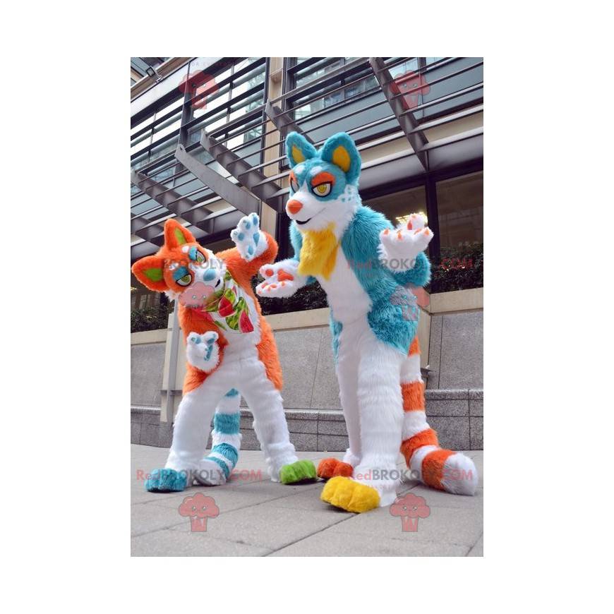 Paar blaue und orange Katzenmaskottchen - Redbrokoly.com Paar blaue und orange Katzenmaskottchen - Redbrokoly.com
