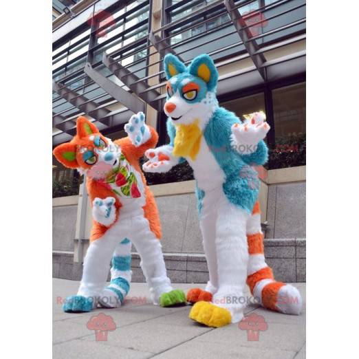 Paar blaue und orange Katzenmaskottchen - Redbrokoly.com