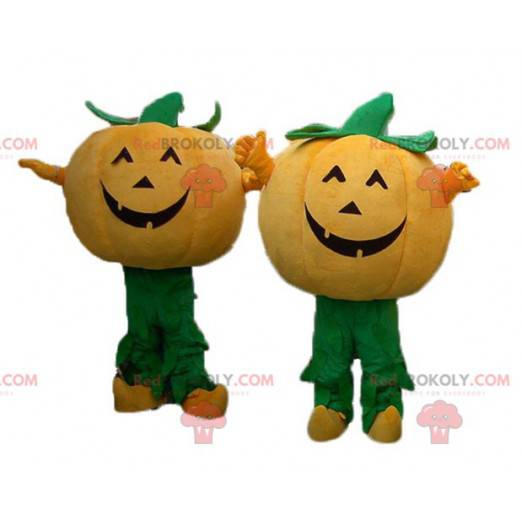 2 orange og grønne græskar maskotter til Halloween -