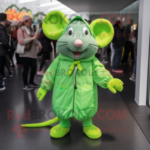 Lime Green Rat mascot costume character dressed with a Raincoat and Shoe laces