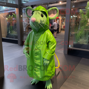 Lime Green Rat mascot costume character dressed with a Raincoat and Shoe laces