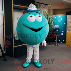 Maskotkarakter af en cyan...