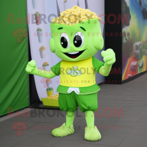 Lime Green Pop Corn mascot costume character dressed with a Running Shorts and Coin purses