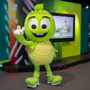 Lime Green Pop Corn mascot costume character dressed with a Running Shorts and Coin purses