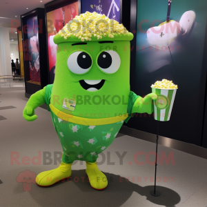 Lime Green Pop Corn mascot costume character dressed with a Running Shorts and Coin purses