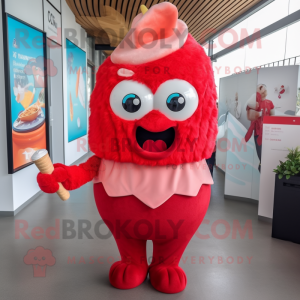 Red Ice Cream mascot costume character dressed with a V-Neck Tee and Hair clips