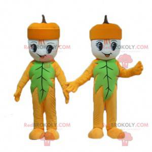 2 mascottes de glands de bonhomme jaunes et verts -