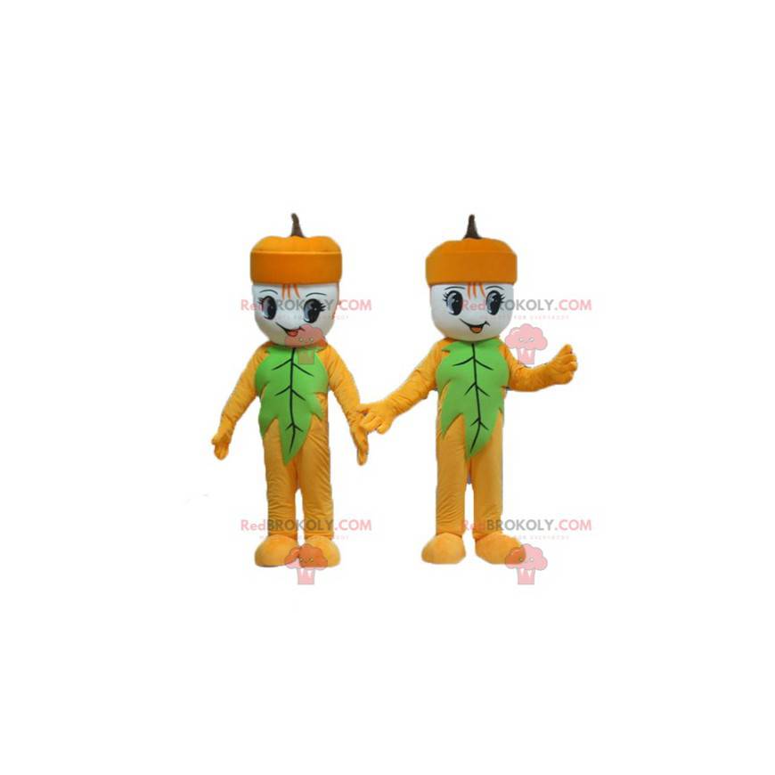 2 mascottes van gele en groene sneeuwpop eikels - Redbrokoly.com