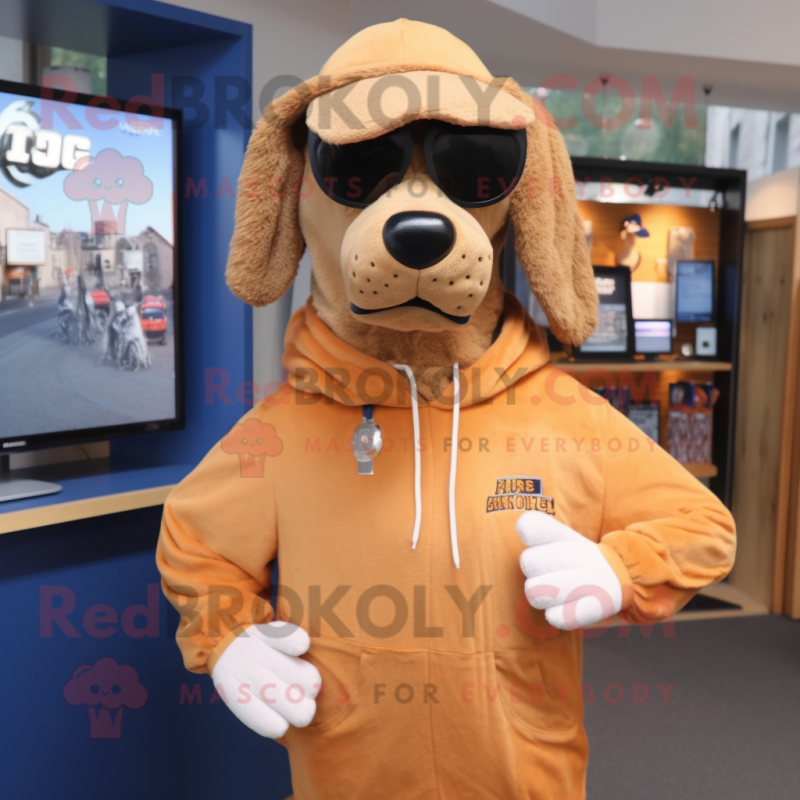 Tan Dog mascot costume character dressed with a Sweatshirt and Sunglasses