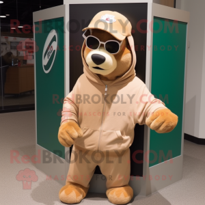 Tan Dog mascot costume character dressed with a Sweatshirt and Sunglasses