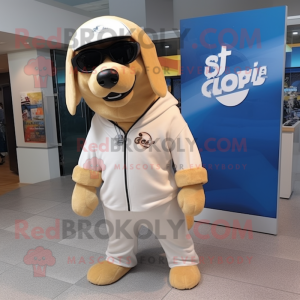 Tan Dog mascot costume character dressed with a Sweatshirt and Sunglasses