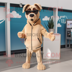 Tan Dog mascot costume character dressed with a Sweatshirt and Sunglasses