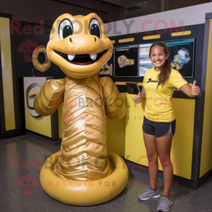 Gold Titanoboa mascot costume character dressed with a Shorts and Headbands