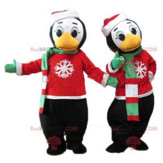 2 mascotes pinguins em traje de inverno - Redbrokoly.com