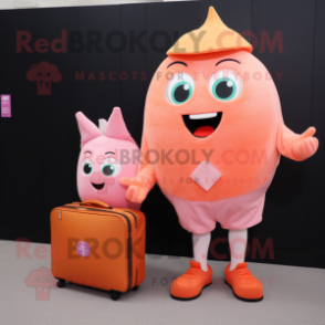 Peach Pink mascot costume character dressed with a T-Shirt and Wallets