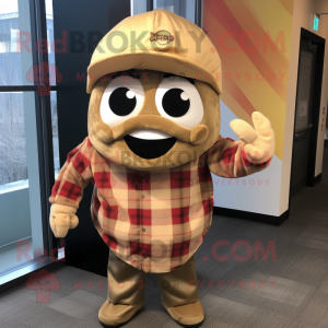 Tan Tacos mascot costume character dressed with a Flannel Shirt and Hair clips