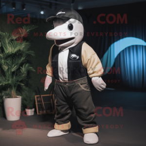 Cream Killer Whale mascot costume character dressed with a Cargo Pants and Caps