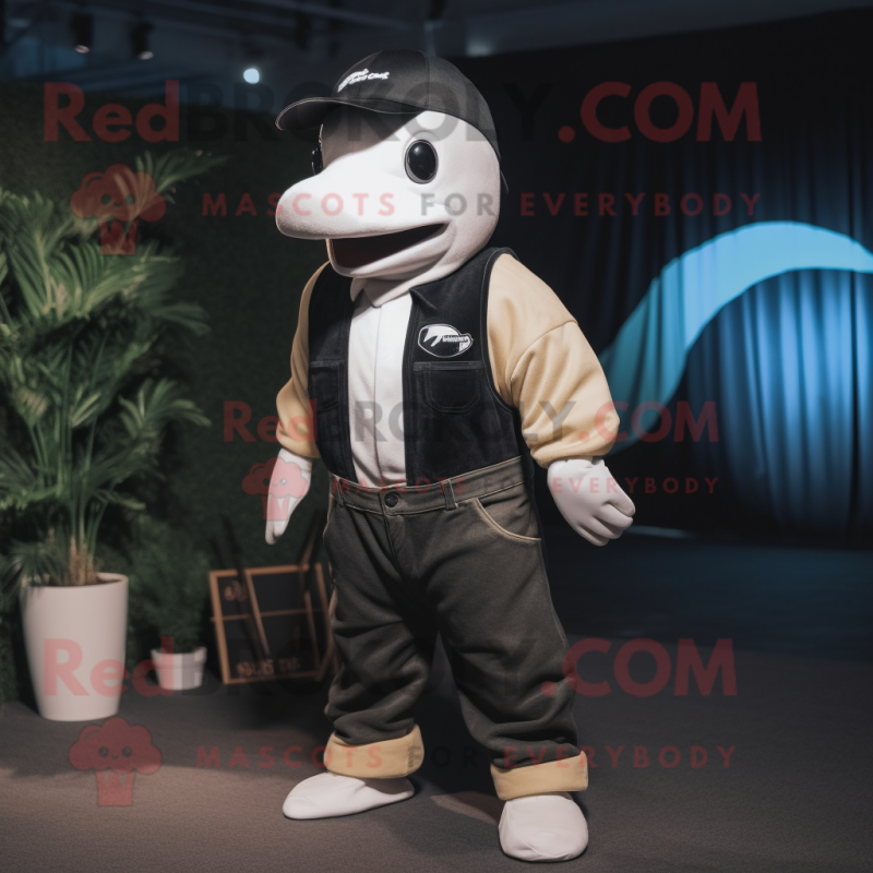 Cream Killer Whale mascot costume character dressed with a Cargo Pants and Caps Cream Killer Whale mascot costume character dressed with a Cargo Pants and Caps