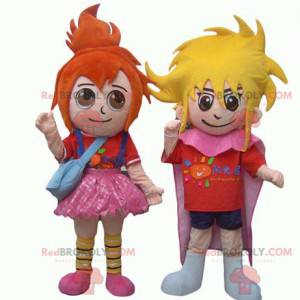2 mascotes infantis uma menina ruiva e um menino loiro -