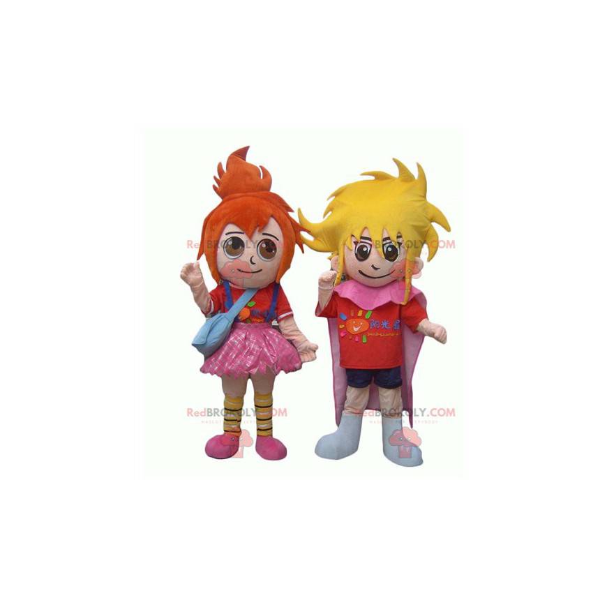 To barnemaskoter en rødhåret jente og en blond gutt -
