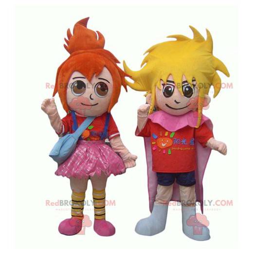 2 mascotes infantis uma menina ruiva e um menino loiro -