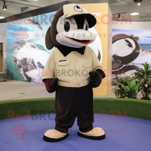 Cream Killer Whale mascot costume character dressed with a Cargo Pants and Caps