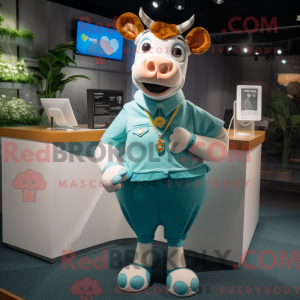 Maskotfigur af en cyan...