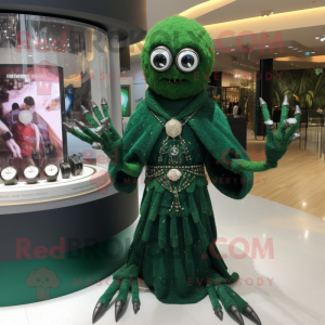 Forest Green Spider mascot costume character dressed with a Wrap Dress and Bracelet watches