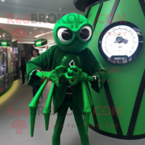 Forest Green Spider mascot costume character dressed with a Wrap Dress and Bracelet watches