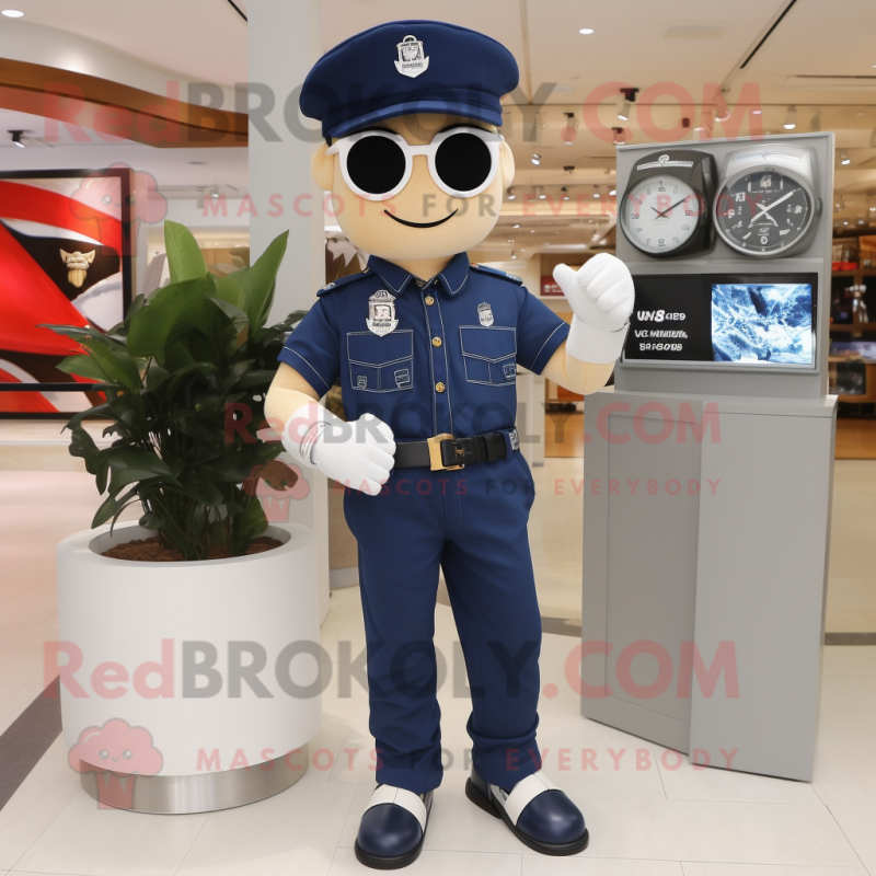Navy Wrist Watch mascot costume character dressed with a Flare Jeans and Shoe laces Navy Wrist Watch mascot costume character dressed with a Flare Jeans and Shoe laces