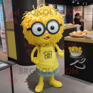 Lemon Yellow Ramen mascot costume character dressed with a Graphic Tee and Eyeglasses