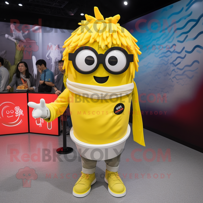 Lemon Yellow Ramen mascot costume character dressed with a Graphic Tee and Eyeglasses