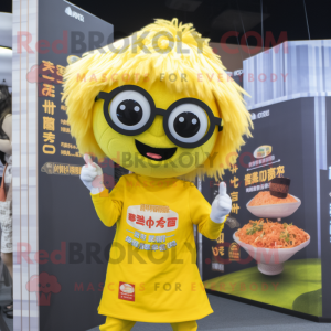 Lemon Yellow Ramen mascot costume character dressed with a Graphic Tee and Eyeglasses