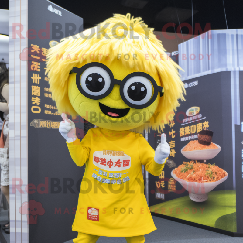 Lemon Yellow Ramen mascot costume character dressed with a Graphic Tee and Eyeglasses Lemon Yellow Ramen mascot costume character dressed with a Graphic Tee and Eyeglasses