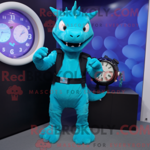Maskotfigur av en cyan...
