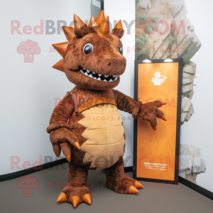 Rust Stegosaurus mascot costume character dressed with a Romper and Tote bags