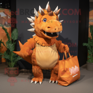 Rust Stegosaurus mascot costume character dressed with a Romper and Tote bags