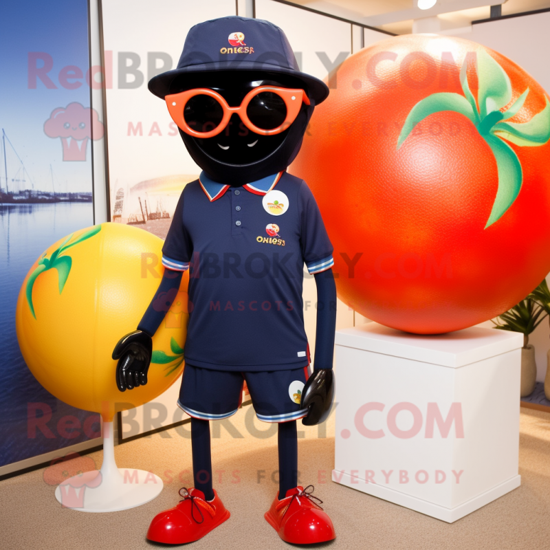 Navy Tomato mascot costume character dressed with a Swimwear and Sunglasses