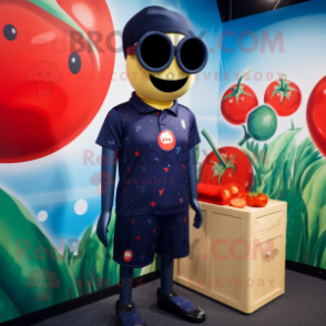 Navy Tomato mascot costume character dressed with a Swimwear and Sunglasses