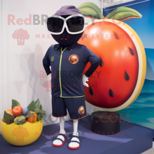 Navy Tomato mascot costume character dressed with a Swimwear and Sunglasses