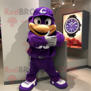 Purple Baseball Glove mascot costume character dressed with a Hoodie and Bracelet watches