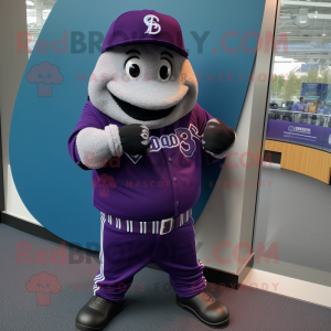 Purple Baseball Glove mascot costume character dressed with a Hoodie and Bracelet watches