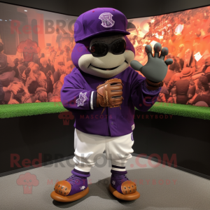 Purple Baseball Glove mascot costume character dressed with a Hoodie and Bracelet watches