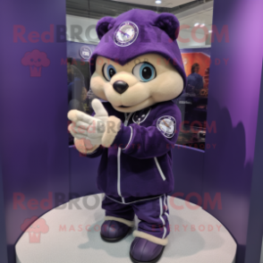 Purple Baseball Glove mascot costume character dressed with a Hoodie and Bracelet watches