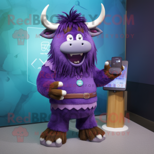 Purple Yak mascot costume character dressed with a Sweater and Keychains