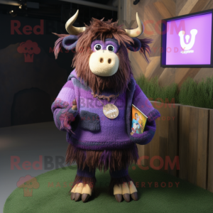 Purple Yak mascot costume character dressed with a Sweater and Keychains