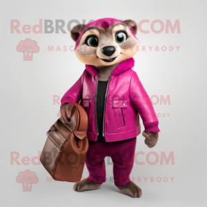 Magenta Meerkat mascot costume character dressed with a Leather Jacket and Tote bags