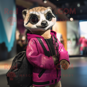 Magenta Meerkat mascot costume character dressed with a Leather Jacket and Tote bags
